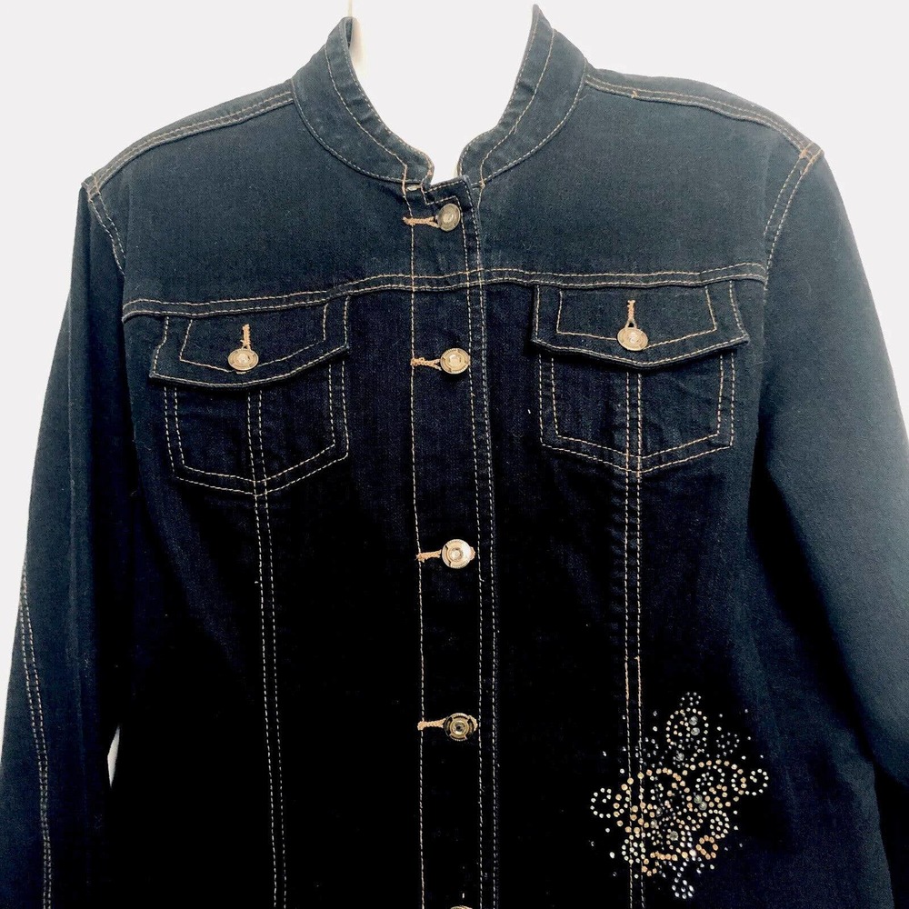 Chicos Platinum Blue Denim Jacket Gold Silver Studded Stretch L - Picture 7 of 10